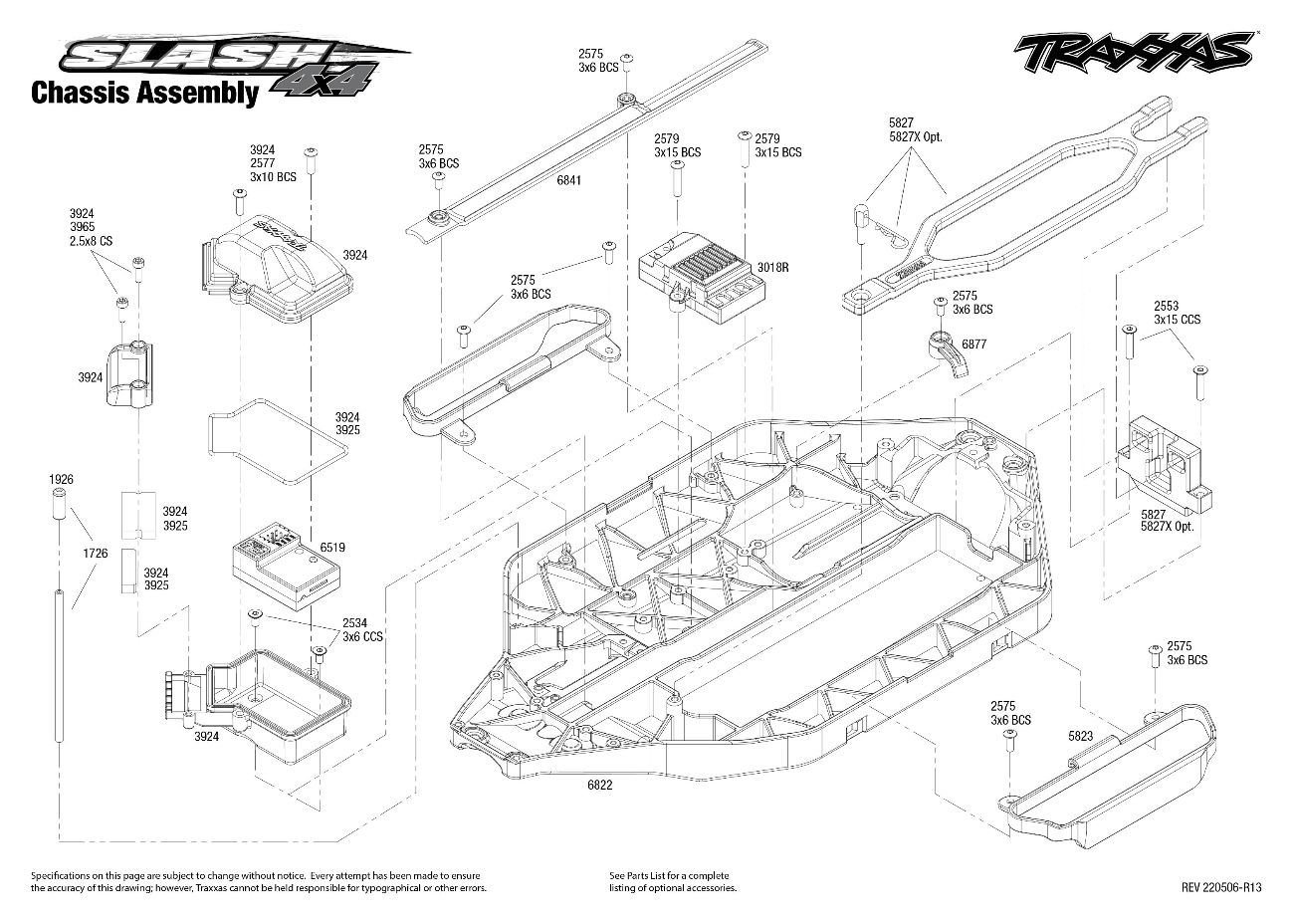 Slash 4X4 (68054-1) Chassis Assembly Exploded View Slash 4X4 (68054-1) Chassis Assembly Exploded View